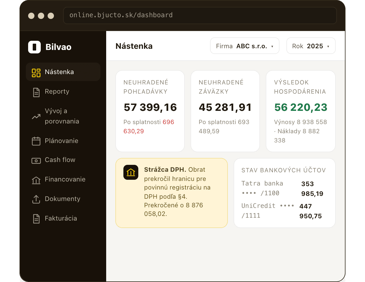 Dashboard - a screen of the Bilvao app