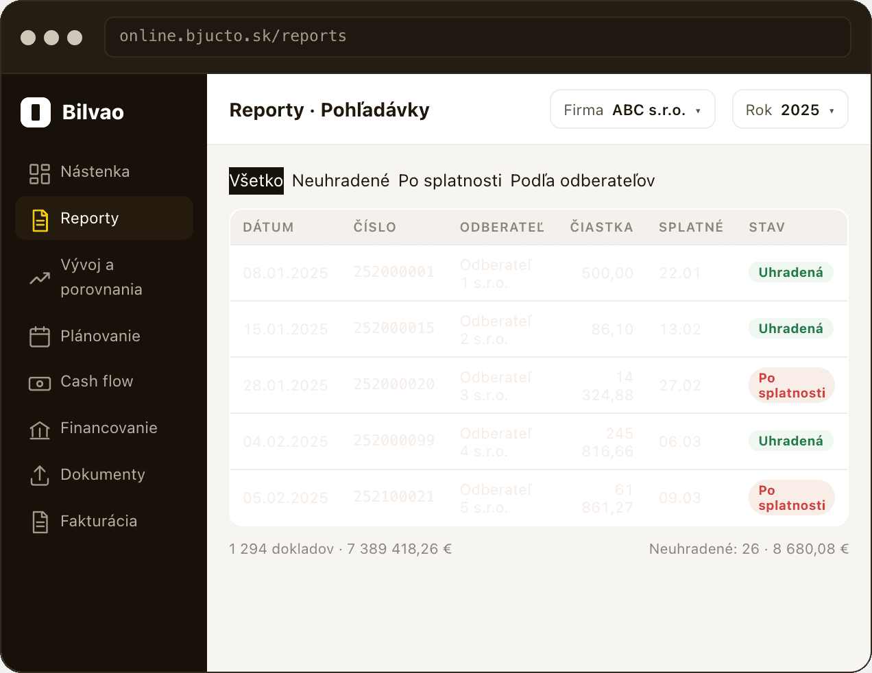 Reports - a screen of the Bilvao app