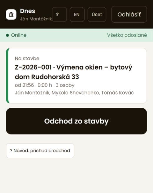 Mobilná aplikácia montážnika – príchod na stavbu s partiou