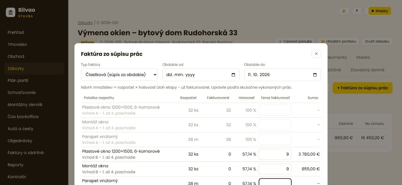 Súpis vykonaných prác a čiastková faktúra