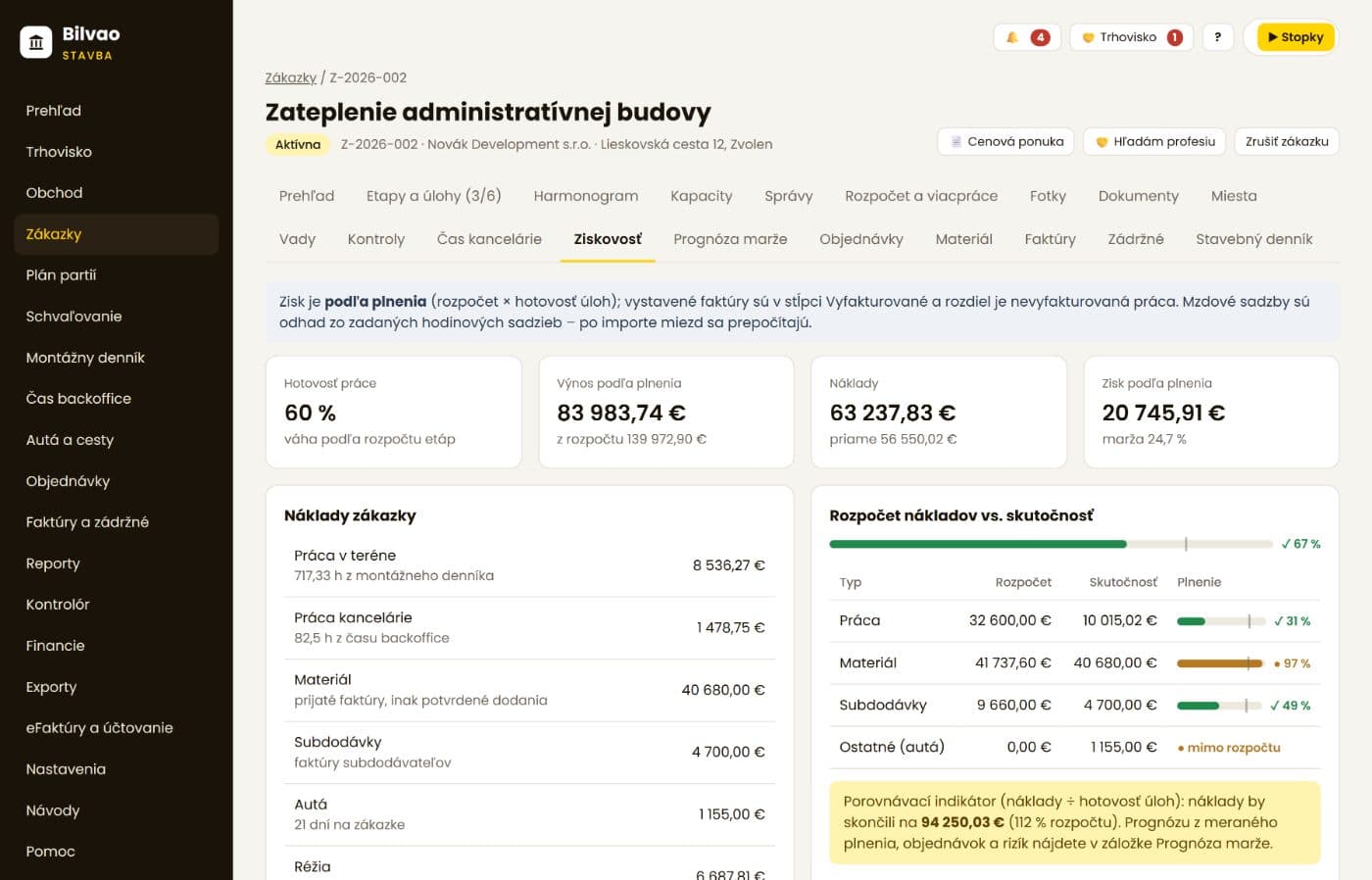 Ziskovosť zákazky – rozpočet nákladov a skutočnosť